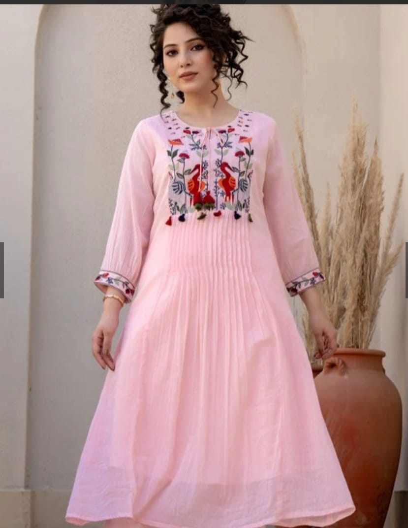 Soft Pink Flared Kurti with Colorful Thread Embroidery