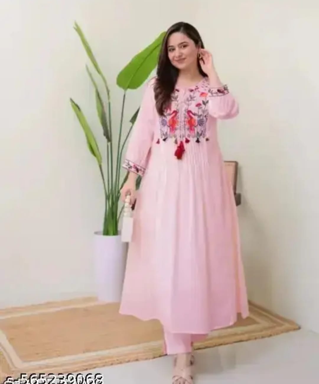 Soft Pink Flared Kurti with Colorful Thread Embroidery