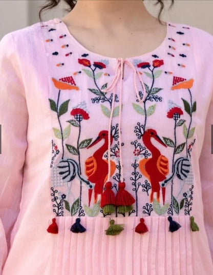 Soft Pink Flared Kurti with Colorful Thread Embroidery