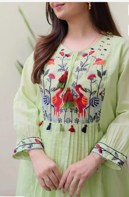 Soft Green Flared Kurti with Colorful Thread Embroidery