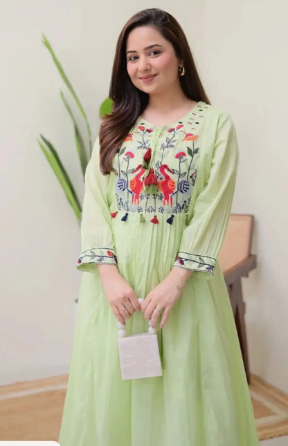 Soft Green Flared Kurti with Colorful Thread Embroidery