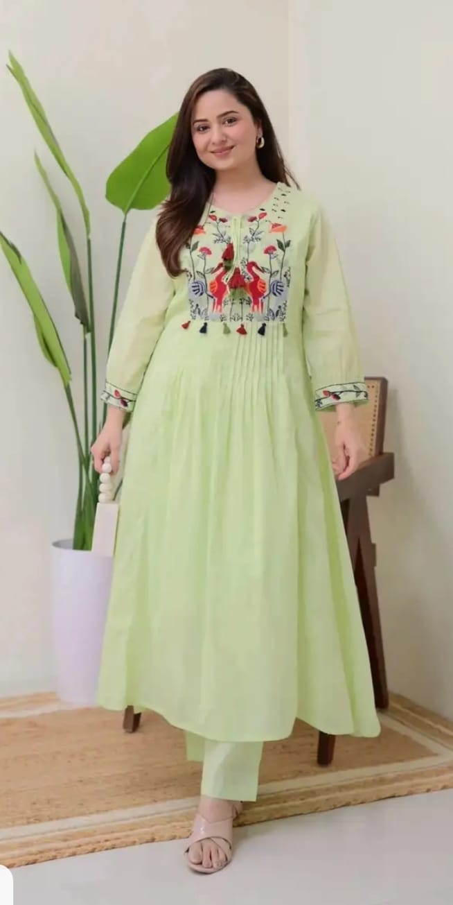 Soft Green Flared Kurti with Colorful Thread Embroidery