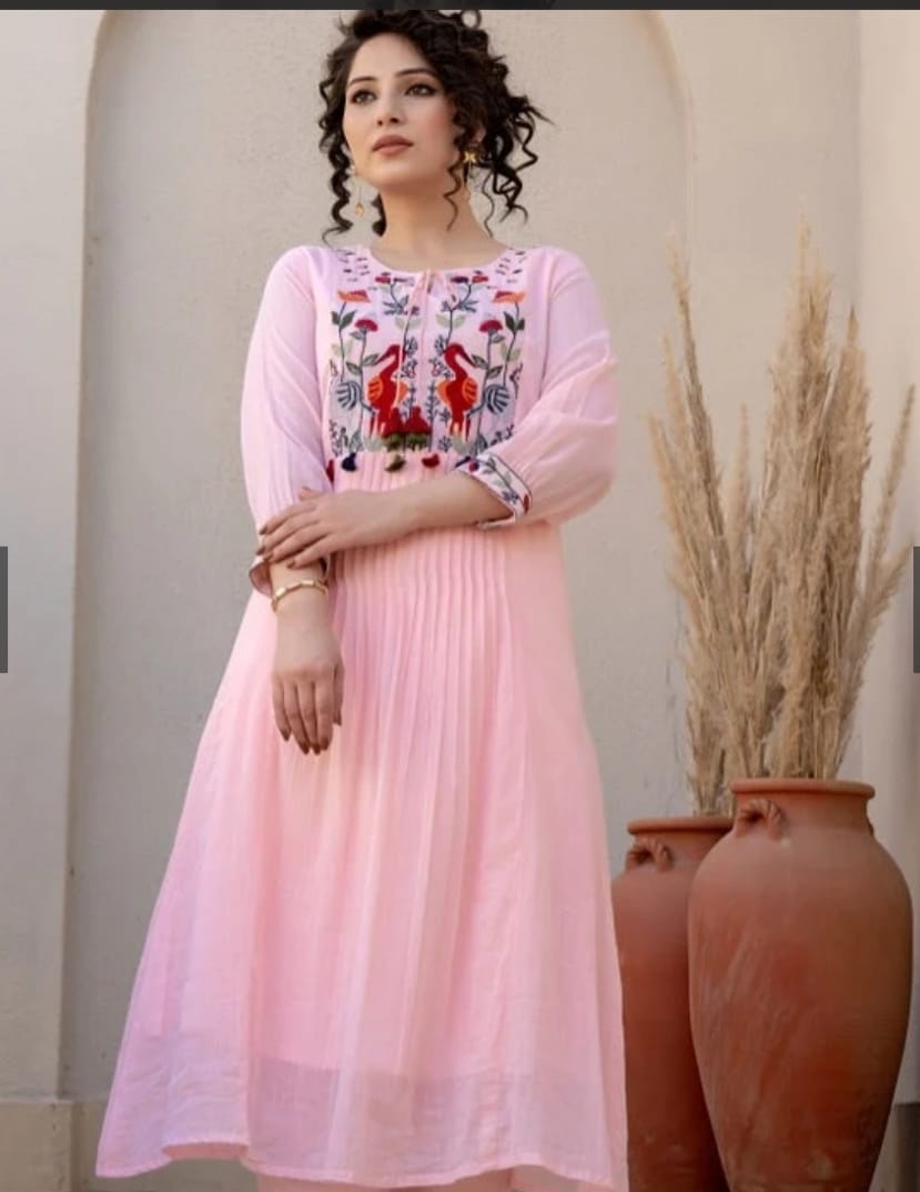 Soft Pink Flared Kurti with Colorful Thread Embroidery