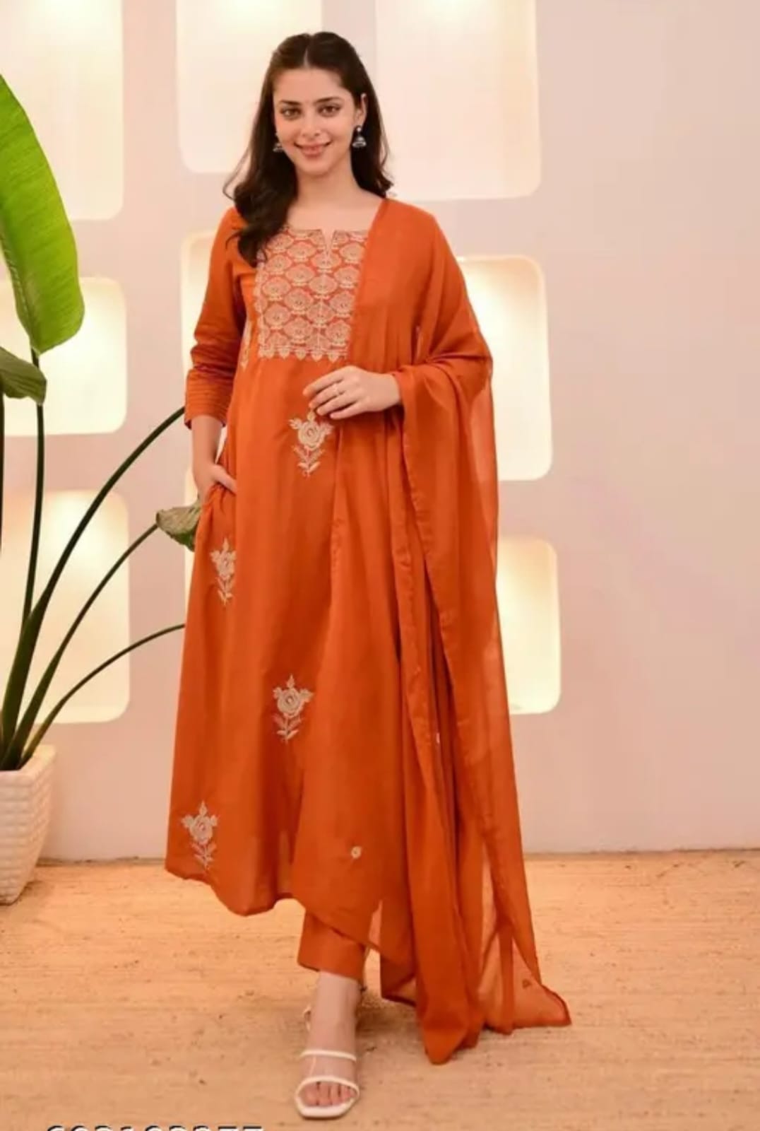 Rust Orange Embroidered A-Line Suit Set with Dupatta