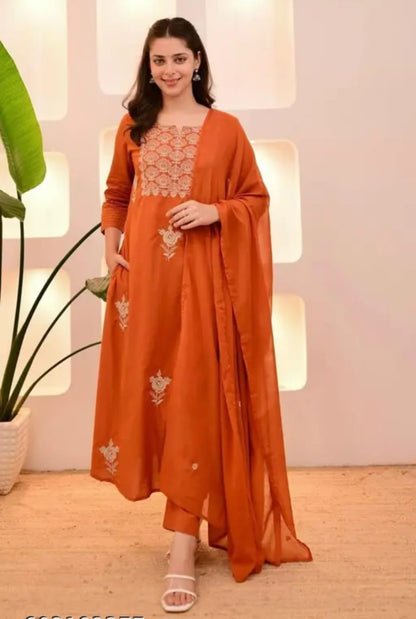 Rust Orange Embroidered A-Line Suit Set with Dupatta