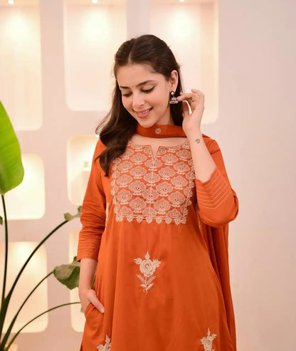 Rust Orange Embroidered A-Line Suit Set with Dupatta