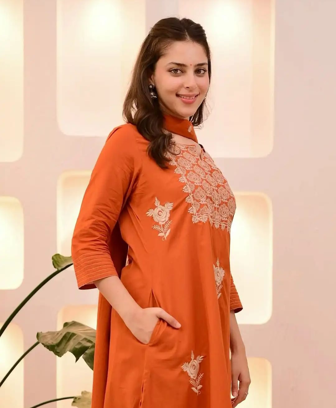 Rust Orange Embroidered A-Line Suit Set with Dupatta