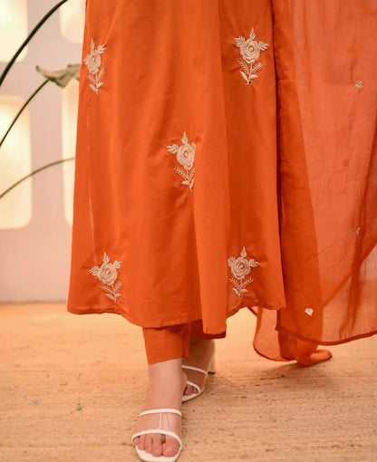 Rust Orange Embroidered A-Line Suit Set with Dupatta