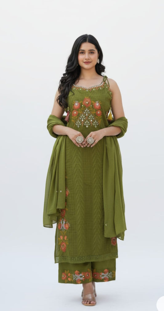 Cotton Floral Print Suit with Ombre Green Dupatta