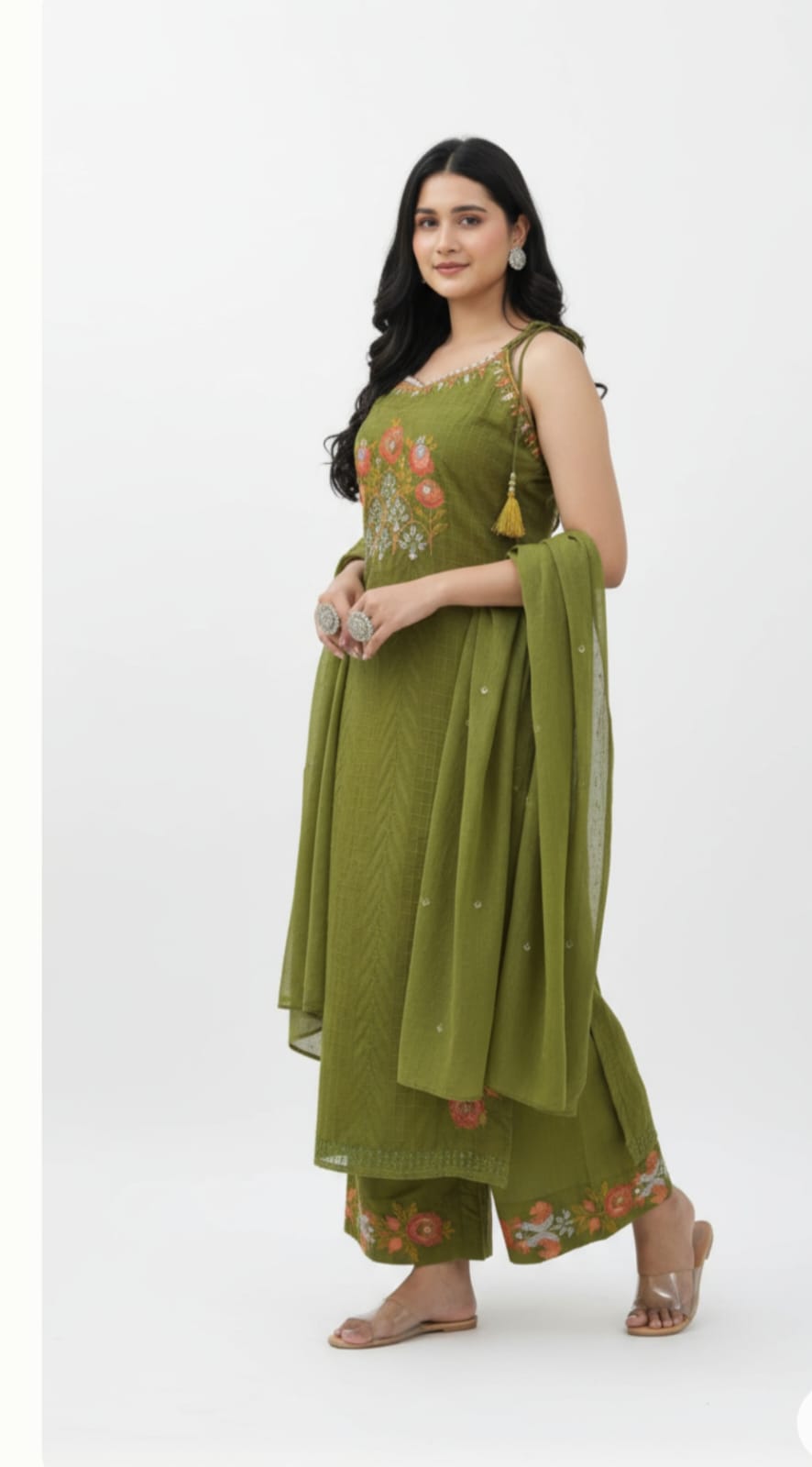 Cotton Floral Print Suit with Ombre Green Dupatta