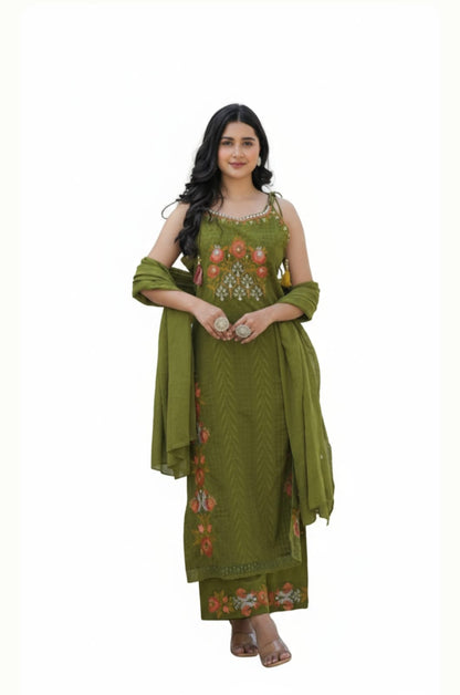 Cotton Floral Print Suit with Ombre Green Dupatta