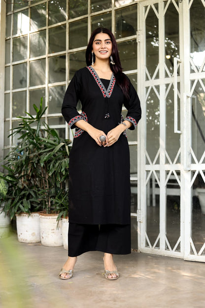 Women's Black Embroidered Cotton Kurta with Wide-Leg Pants