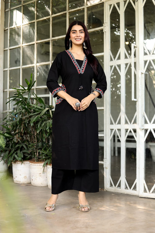 Women's Black Embroidered Cotton Kurta with Wide-Leg Pants