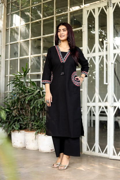 Women's Black Embroidered Cotton Kurta with Wide-Leg Pants