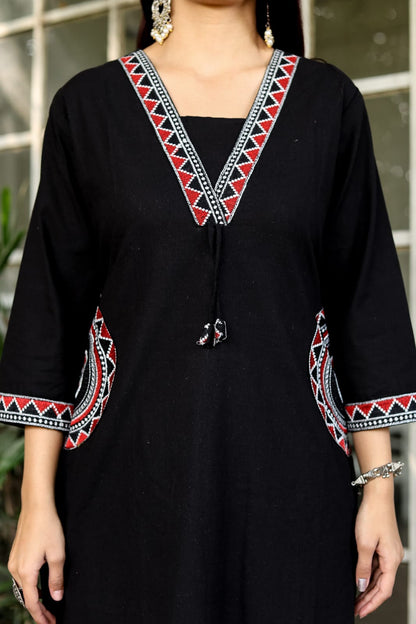 Women's Black Embroidered Cotton Kurta with Wide-Leg Pants