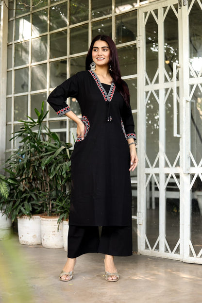 Women's Black Embroidered Cotton Kurta with Wide-Leg Pants