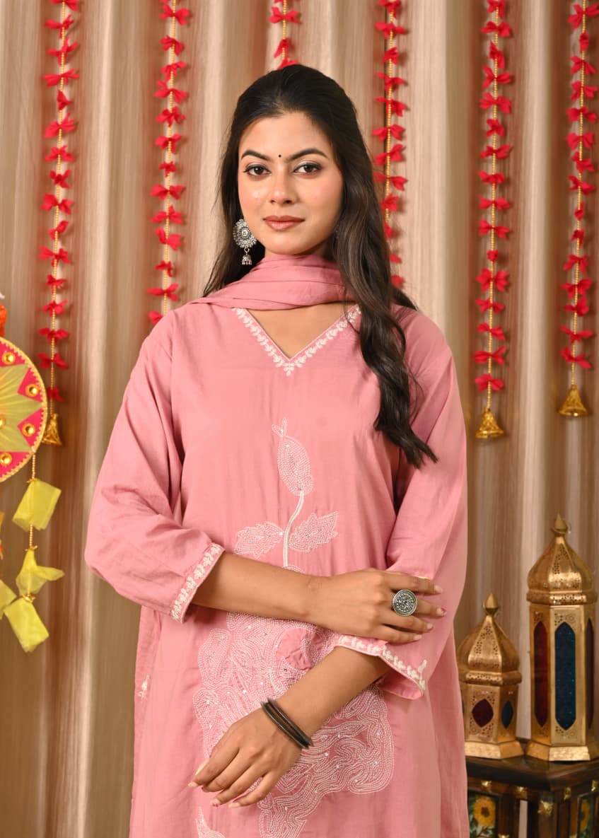 Women’s Pink Embroidered Cotton Kurta Set with Dupatta