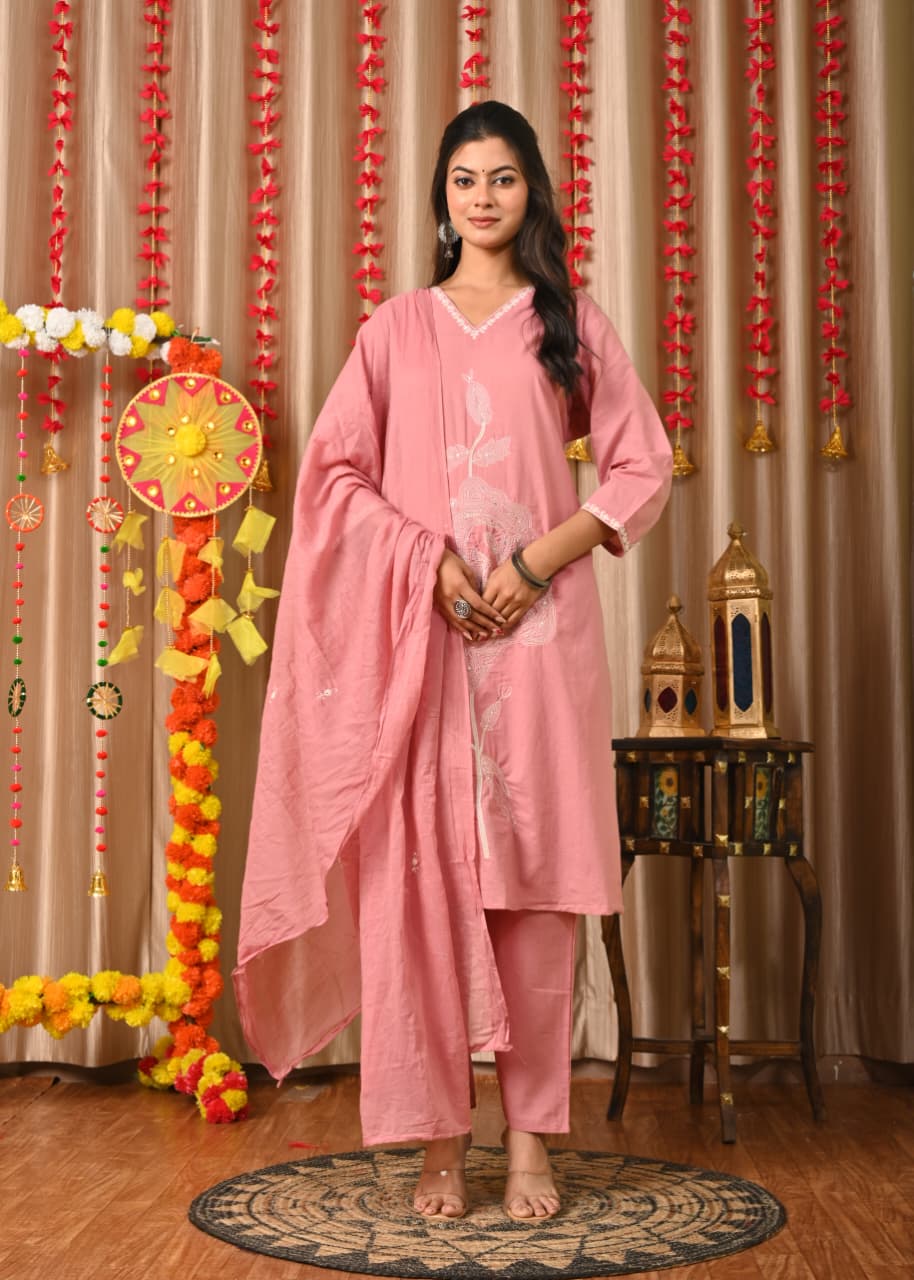 Women’s Pink Embroidered Cotton Kurta Set with Dupatta