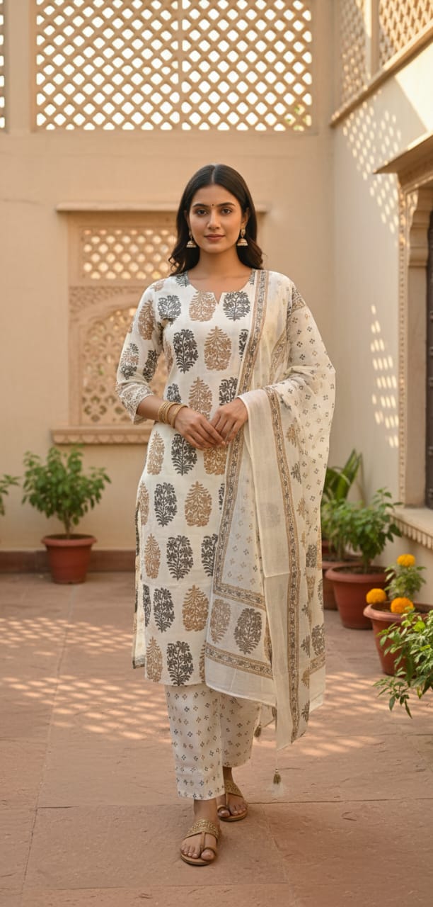 Ruaati Women Cotton Embroidery & Print Kurta Pant Dupatta Suit Set for Office & Daily Wear