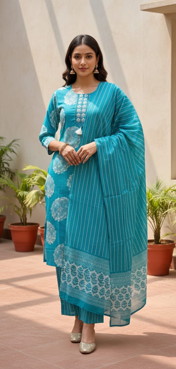 Ruaati Women Cotton Embroidery & Print Kurta Pant Dupatta Suit Set for Office & Daily Wear