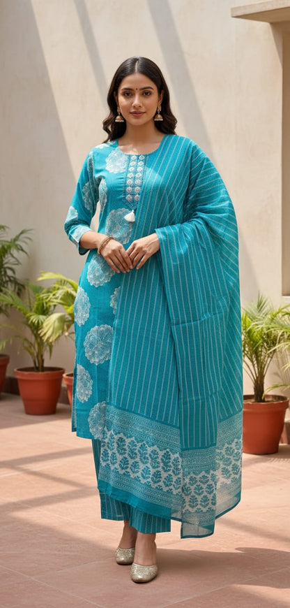 Ruaati Women Cotton Embroidery & Print Kurta Pant Dupatta Suit Set for Office & Daily Wear