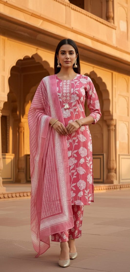 Ruaati Women Cotton Embroidery & Print Kurta Pant Dupatta Suit Set for Office & Daily Wear