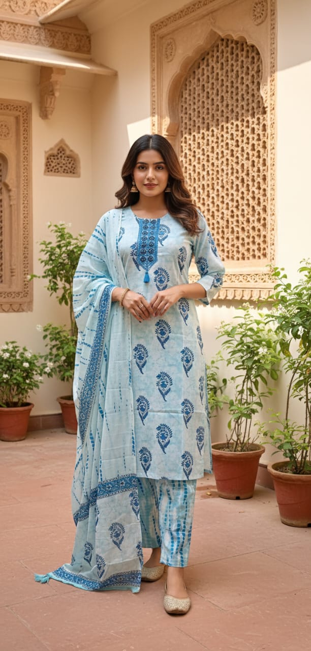 Ruaati Women Cotton Embroidery & Print Kurta Pant Dupatta Suit Set for Office Wear