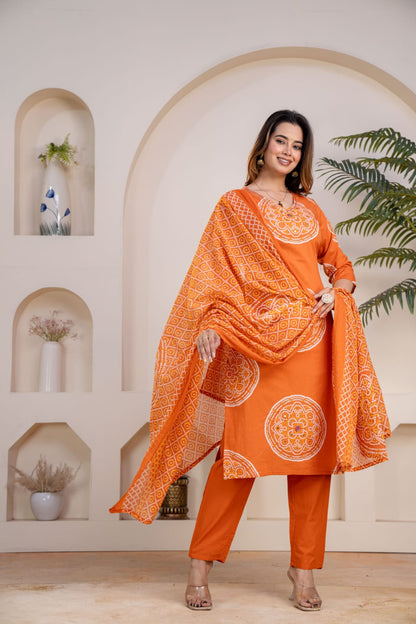 Ruaati Women Cotton Embroidery Kurta Pant Dupatta Suit Set for Festive Wear