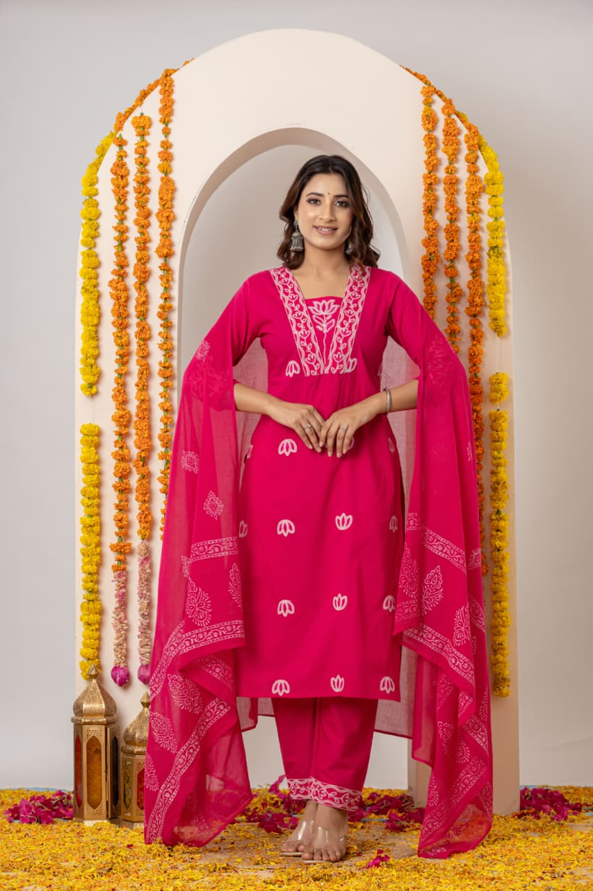 Ruaati Women Cotton Embroidered Pink Kurta Sets with Dupatta Ethnic Wear