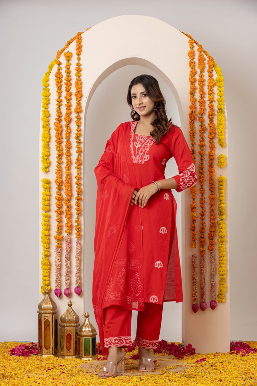 Ruaati Women Cotton Embroidered Red Kurta Sets with Dupatta Ethnic Wear
