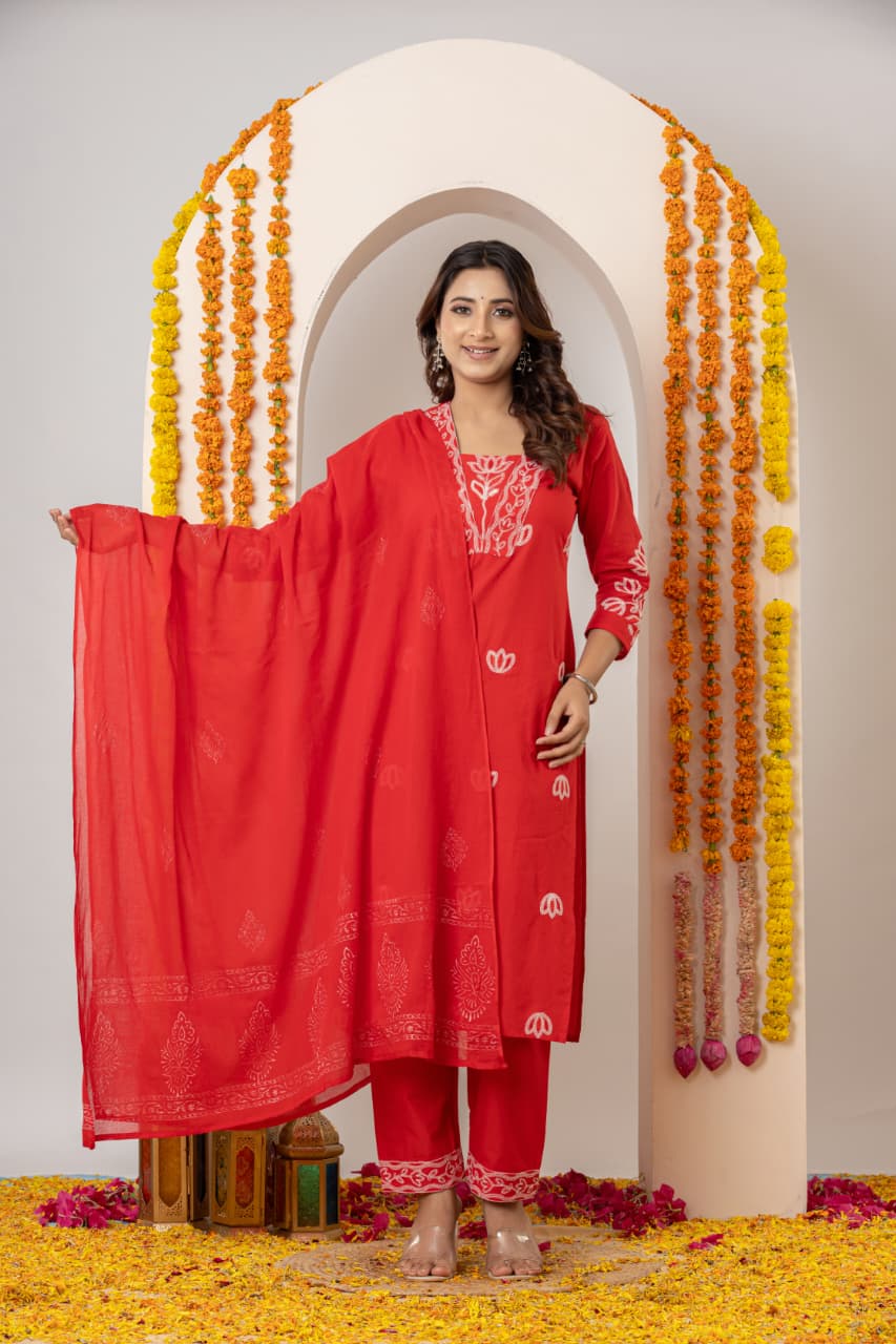 Ruaati Women Cotton Embroidered Red Kurta Sets with Dupatta Ethnic Wear
