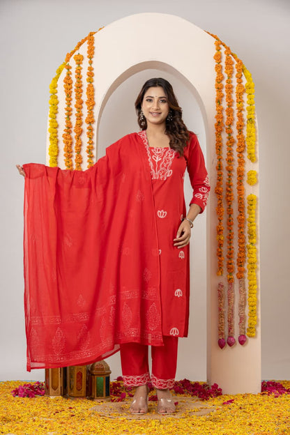 Ruaati Women Cotton Embroidered Red Kurta Sets with Dupatta Ethnic Wear