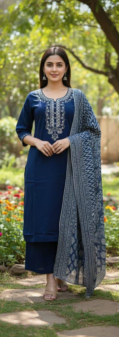 Ruaati Women Cotton Embroidered Blue Kurta Sets with Dupatta Ethnic Wear