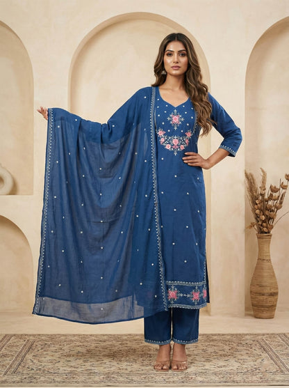 Ruaati Women Stylish Blue Mul Cotton Ethnic Set with Embroidered Detailing