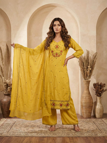 Ruaati Women Cotton Embroidered Yellow Kurta Set with Dupatta for Festive Wear