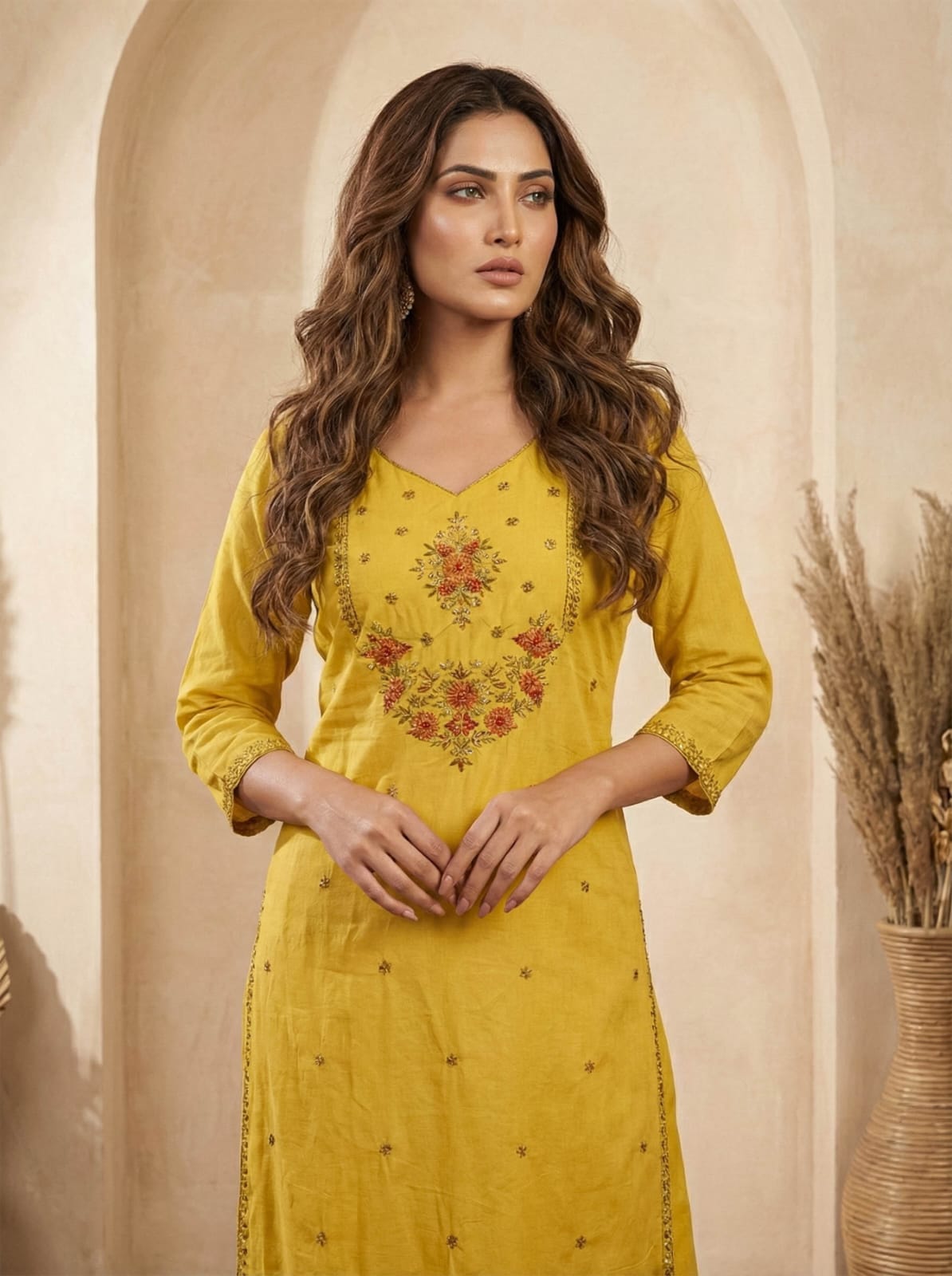 Ruaati Women Cotton Embroidered Yellow Kurta Set with Dupatta for Festive Wear