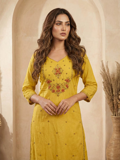 Ruaati Women Cotton Embroidered Yellow Kurta Set with Dupatta for Festive Wear