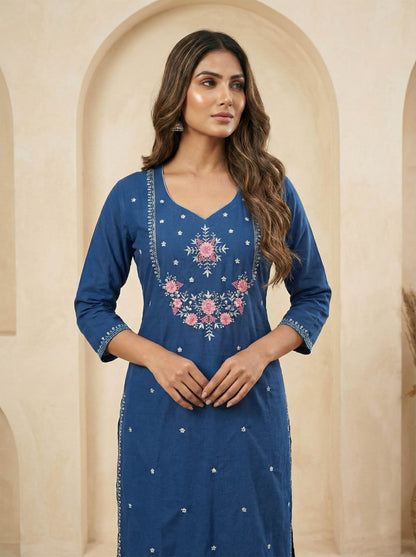 Ruaati Women Stylish Blue Mul Cotton Ethnic Set with Embroidered Detailing