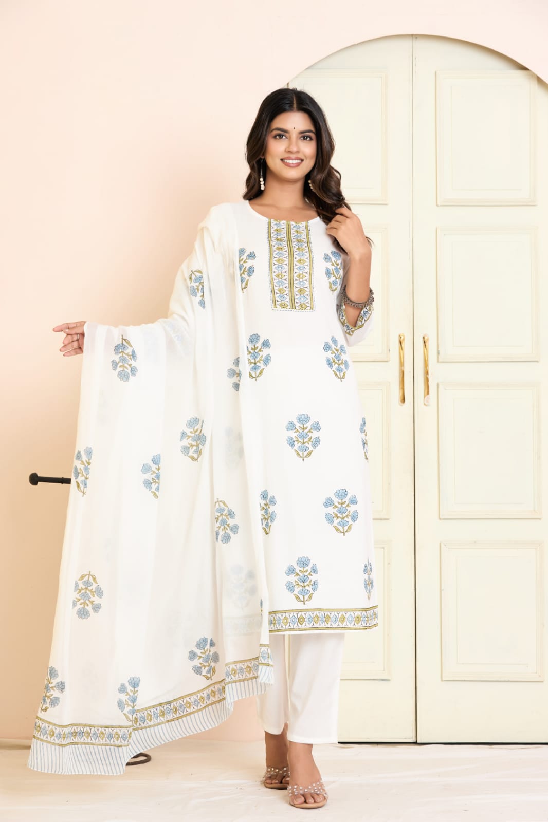 Ruaati Women Pure Mul Cotton Kurta Set with Elegant Block Print & Printed Dupatta