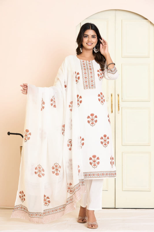 Ruaati Women Pure Mul Cotton Block Print Kurta Set with Dupatta for Office Wear