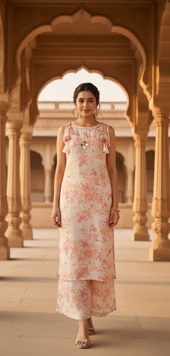 Ruaati Women Elegant Pastel Floral Mul Cotton Suit Set with Palazzo Pant for Casual Daily Wear