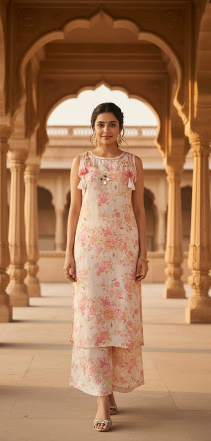 Ruaati Women Elegant Pastel Floral Mul Cotton Suit Set with Palazzo Pant for Casual Daily Wear