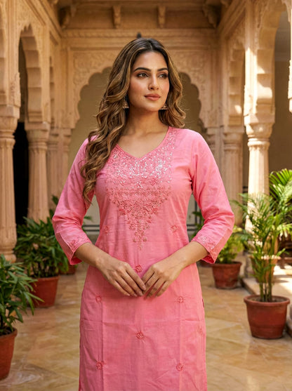 Ruaati Women Mul Cotton Embroidered Pink Kurta Sets with Dupatta Ethnic Wear