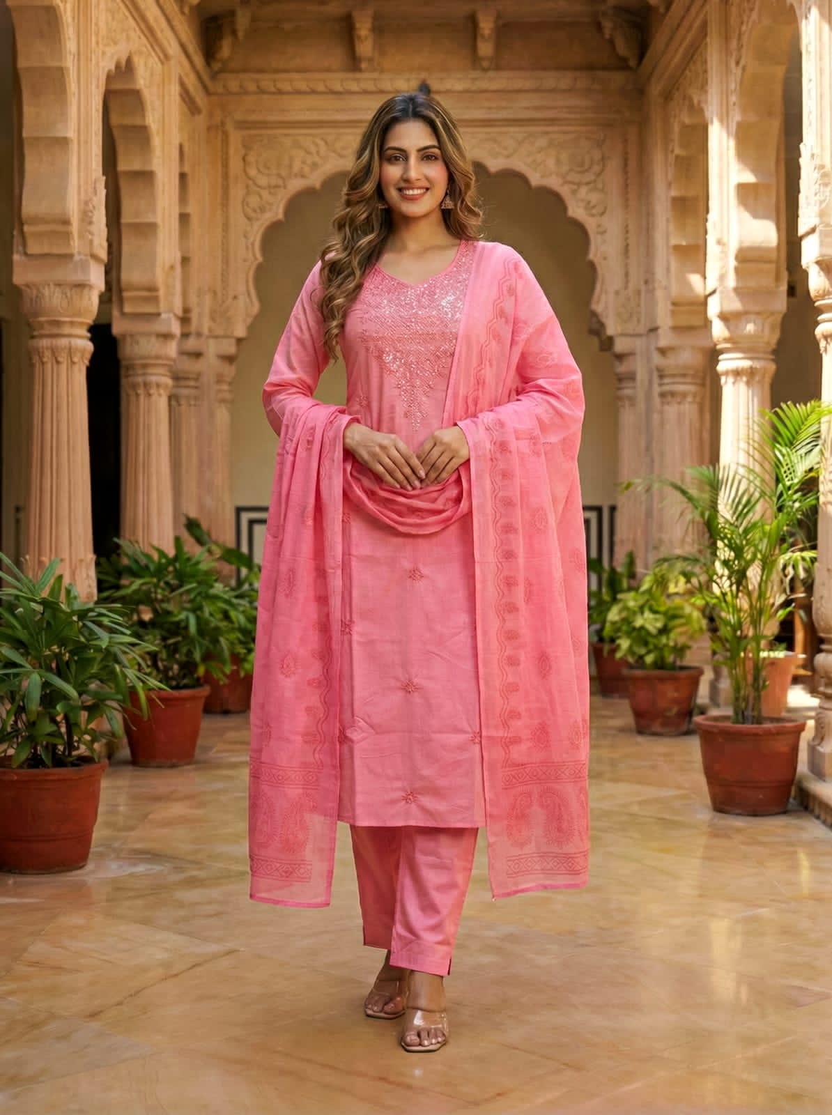 Ruaati Women Mul Cotton Embroidered Pink Kurta Sets with Dupatta Ethnic Wear