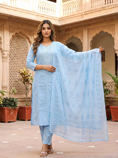 Ruaati Women Mul Cotton Embroidered Kurta Set with Dupatta Festive Wear