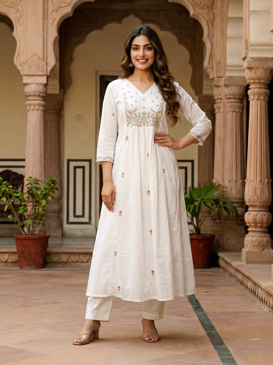 Ruaati Women Cotton Embroidered White Kurta Sets with Dupatta Ethnic Wear