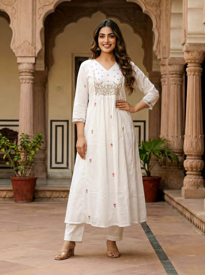 Ruaati Women Cotton Embroidered White Kurta Sets with Dupatta Ethnic Wear