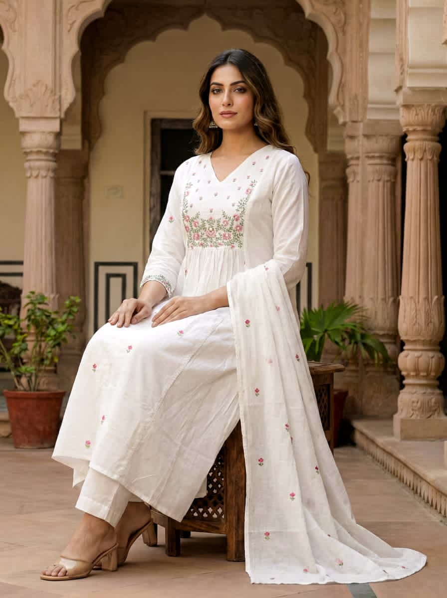 Ruaati Women Cotton Embroidered White Kurta Sets with Dupatta Ethnic Wear