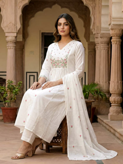 Ruaati Women Cotton Embroidered White Kurta Sets with Dupatta Ethnic Wear