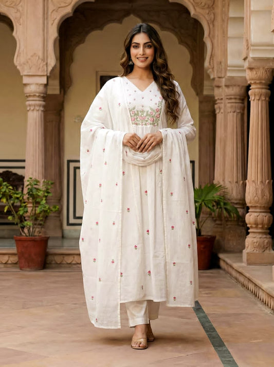 Ruaati Women Cotton Embroidered White Kurta Sets with Dupatta Ethnic Wear